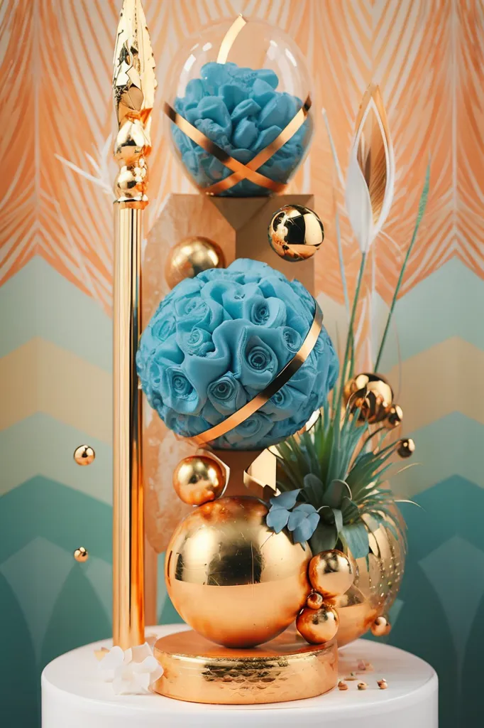 The image is a 3D rendering of a still life. There is a tall golden staff on the left side of the image, and a potted plant on the right side. In the center of the image is a large, blue rose surrounded by gold spheres. The background is a peach-colored wall with a green and blue geometric pattern. The image is rendered in a realistic style, and the lighting is soft and diffused.