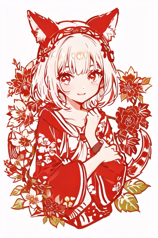 The image is of a young girl with white hair and red eyes. She is wearing a red kimono with white and gold accents and has fox ears and a tail. She is surrounded by red and white flowers. The image has a traditional Japanese style.