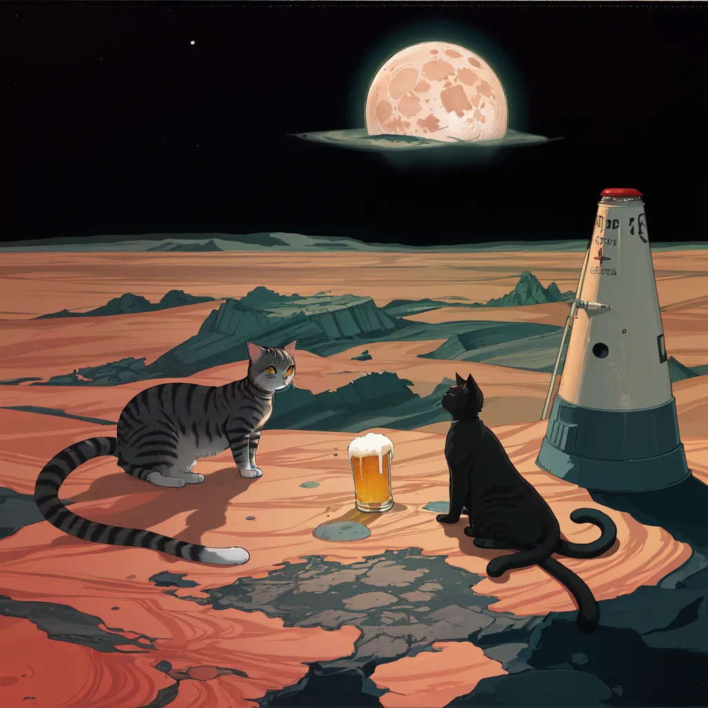 The image shows two cats sitting on a rocky moon or Mars-like landscape looking at a glass of beer between them. In the background, there is a large moon and a starry sky. One cat is gray and white, and the other is black. The gray and white cat has a long tail that curls around the black cat. The black cat is looking at the glass of beer. The gray and white cat is looking at the black cat.