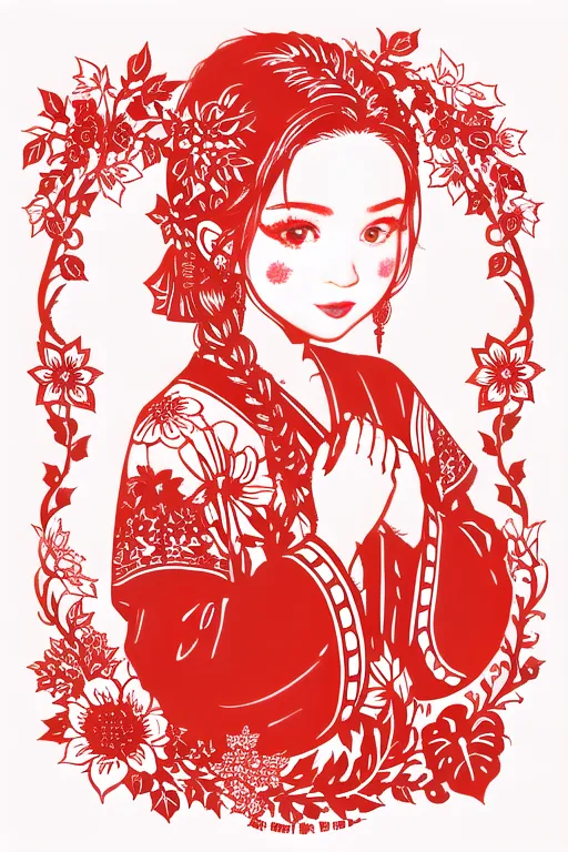 Esta é uma imagem de uma mulher chinesa vestindo um vestido vermelho. A imagem é feita de papel vermelho recortado em desenhos intrincados. A mulher está em pé em uma moldura de flores e vinhas, e ela está usando um penteado tradicional chinês. A imagem é muito detalhada, e o artista usou uma variedade de técnicas para criar uma sensação de profundidade e textura.