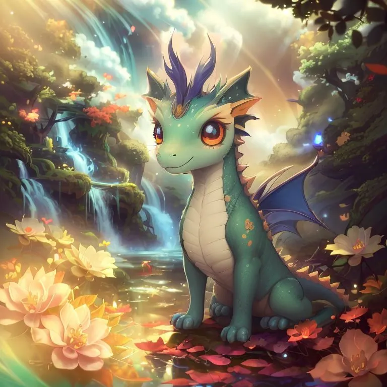 The image is of a green dragon sitting on a lily pad in a pond. The dragon has blue wings and a yellow belly. It is looking at the viewer with its big, round eyes. The pond is surrounded by trees and flowers. There is a waterfall in the background. The image is very colorful and has a lot of detail.