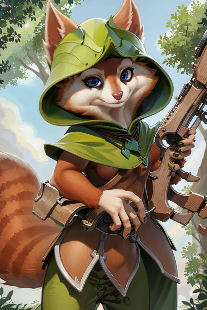 The image is of a red panda wearing a green hood with leaf-like ears. The red panda is also wearing a green vest with brown and silver shoulder pads. It has a brown belt with a green pouch attached to it. The red panda is holding a rifle in its right hand and has a quiver of arrows on its back. It is standing in a forest with green trees and blue sky in the background.