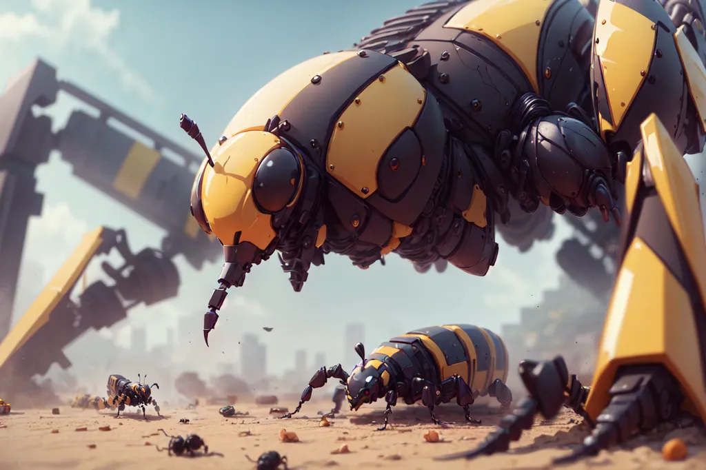 The image depicts a swarm of robotic bees. The bees are made of yellow and black metal, and they have large, glowing eyes. They are flying through a destroyed city, and there are broken buildings and debris all around them. The bees are armed with stingers, and they are flying towards a group of humans. The humans are running away from the bees, and they are all wearing protective gear. The image is full of action and suspense, and it is clear that the bees are a threat to the humans.