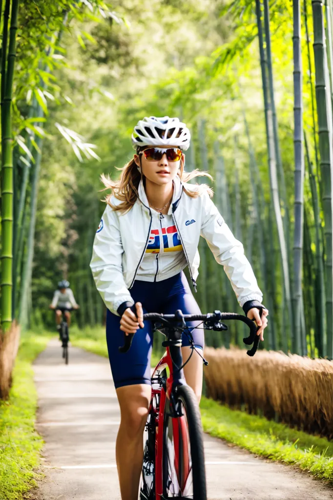 Esta é uma imagem de um ciclista pedalando uma bicicleta em um caminho pavimentado através de uma floresta de bambu. O ciclista está usando um capacete branco, óculos de sol e uma camisa branca e azul. O ciclista está montando uma bicicleta preta e vermelha. O caminho é cercado por altas plantas de bambu. Há outro ciclista ao fundo.