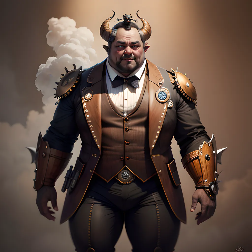 The image is of a steampunk-style minotaur. He is wearing a brown suit with a white shirt and a red tie. He has a large wrench in his hand and a small gear-shaped device on his head. He has brown fur and black horns. He is standing in front of a brown background with a gear-shaped symbol in the center.