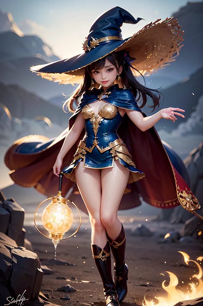 This image shows a young woman dressed as a witch. She has a blue hat with a wide brim and a gold band around it. She is wearing a blue and gold dress with a white camisole underneath. She has brown hair and blue eyes. She is holding a staff in her right hand and there is a floating lantern to her right. She is standing in a rocky field with a mountain range in the background.