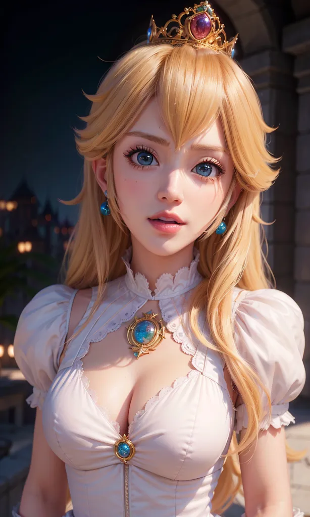 The image shows a young woman with long blonde hair and blue eyes. She is wearing a white dress with a blue sash and a gold crown. She is also wearing a necklace and earrings. The woman is standing in front of a dark background with a castle in the distance.