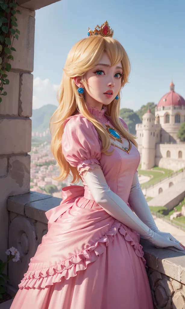 The image shows a young woman dressed as Princess Peach from the Super Mario Bros. series. She is standing on a balcony, with a view of a castle in the background. She is wearing a pink dress with a white underskirt and a blue sash. She also has on white gloves and a crown on her head. Her hair is long and blonde, and she has blue eyes. She is looking at the view with a smile on her face.