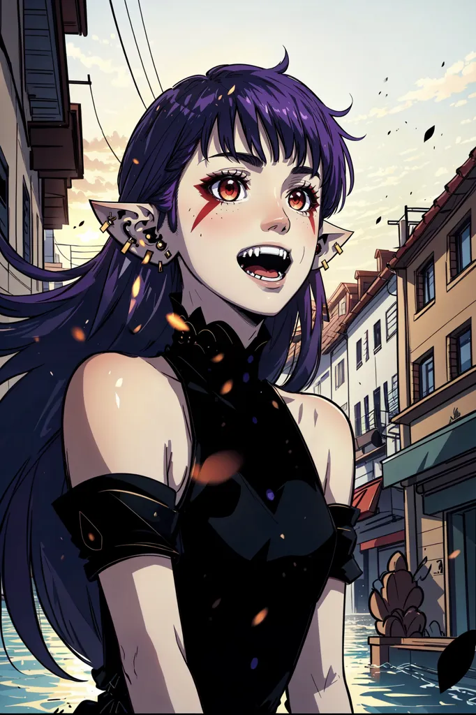 The image is a portrait of a young woman with purple hair and red eyes. She has sharp teeth and pointed ears, and is wearing a black dress. She is standing in a city street, and there are buildings and a river in the background. The woman is smiling and has her mouth open.