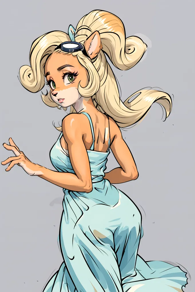 The image is of a cartoon fox girl with long blonde hair and green eyes. She is wearing a blue dress and a pair of goggles. She is looking back over her shoulder with a curious expression on her face.