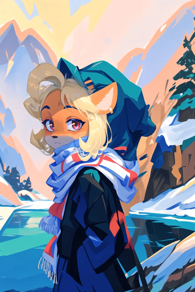 The image is of a young woman with long blonde hair and fox ears. She is wearing a blue and white striped scarf, a black jacket, and a green hood. She is standing in a snowy landscape, with mountains in the background. The sun is setting, and the sky is a gradient of orange, pink, and blue. The ground is covered in snow. There are two large mountains in the background. There are also some trees in the background. The woman is looking at the view. She has a calm expression on her face.