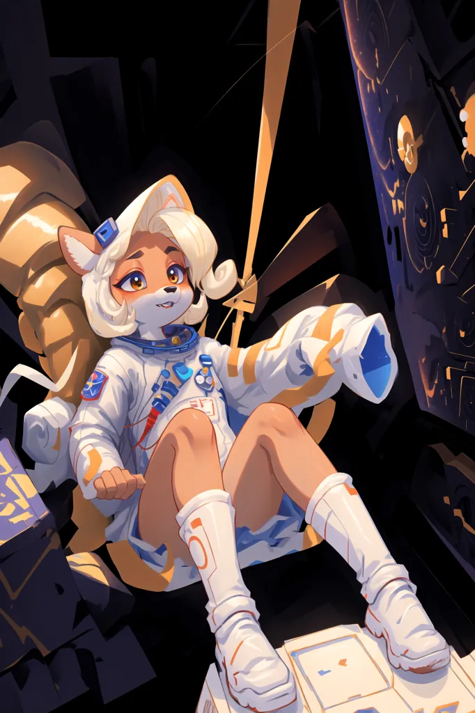 The image is of a cartoon fox astronaut. She is wearing a white spacesuit with a blue and red patch on the arm. She has a blonde ponytail and orange eyes. She is sitting on a metal beam in a spaceship. There are a lot of buttons and lights on the spaceship.