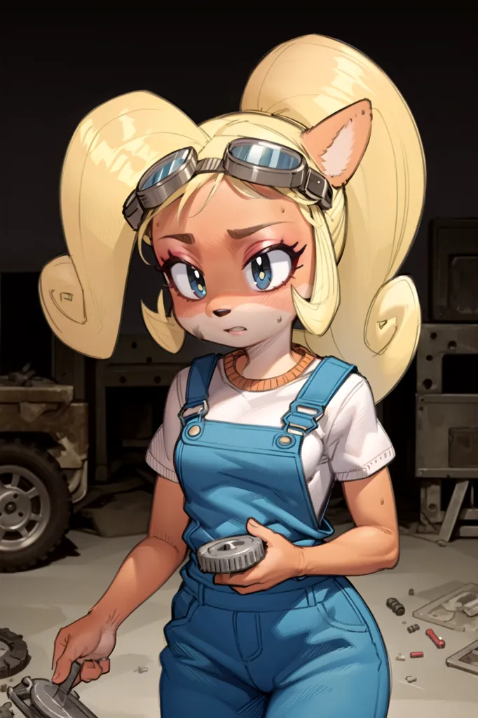 The image is of a cartoon character, Coco Bandicoot from the Crash Bandicoot series. She is depicted as a young woman with long blonde hair, blue eyes, and fox-like ears. She is wearing a white T-shirt, blue overalls, and goggles. She is standing in a garage, surrounded by car parts. She is holding a gear in her hand and looking at it with a puzzled expression on her face.