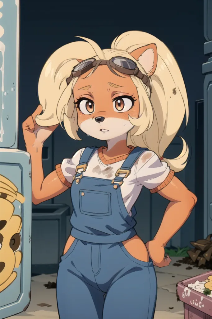 The image is of a cartoon fox girl with long blonde hair and brown eyes. She is wearing a white T-shirt, blue overalls, and brown boots. She has a wrench in her hand and is looking at the viewer with a curious expression. The background is a garage with a tool chest, a shelf, and a door.