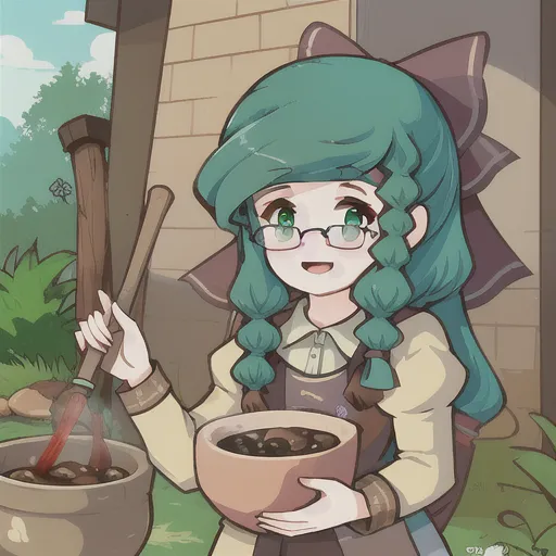 The image shows a girl with green hair and glasses cooking something in a large pot. She is wearing a white apron. The pot is sitting on the ground next to a small building. The girl is holding a large wooden spoon and stirring the contents of the pot. She has a smile on her face.