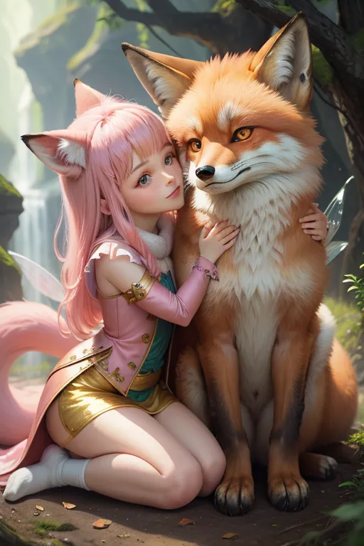 The image is of a beautiful young woman with long pink hair and fox ears. She is wearing a pink and gold outfit and is sitting on a rock in a forest. She has her arms wrapped around a large red fox and is smiling at it. The fox has its paw on her leg and is looking up at her. In the background, there are green trees and a waterfall.