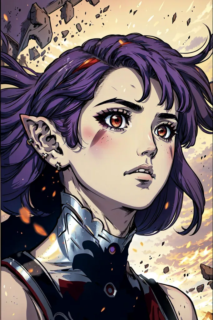 This is an image of a young woman with purple hair and pointed ears. She is wearing a silver and red outfit. She has a determined look on her face, and she is looking towards the viewer's left. The background is a fiery orange color.