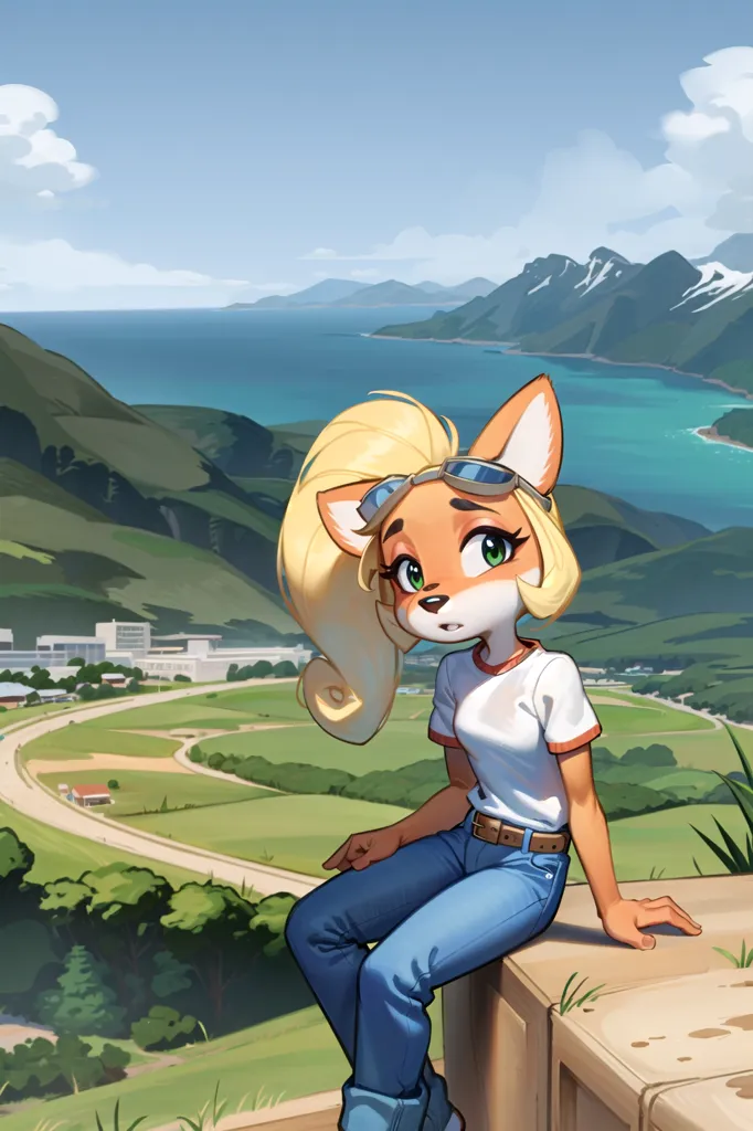 The image is of a cartoon fox sitting on a stone wall. The fox is wearing a white T-shirt, blue jeans, and aviator goggles. It has long blond hair and green eyes. The fox is looking out at a lush green landscape with a city in the distance. There is a mountain range in the background. The sky is blue and there are a few clouds in the sky.