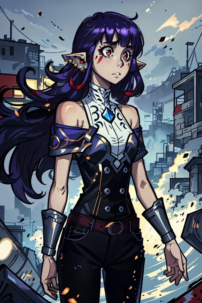 This is an image of a young woman with purple hair and red eyes. She is wearing a black vest with gold trim and blue jeans. She has a silver necklace with a blue gem in the center. She is standing in a city that is in ruins. There are buildings with broken windows and rubble on the ground. The sky is dark and there are clouds of smoke in the air.