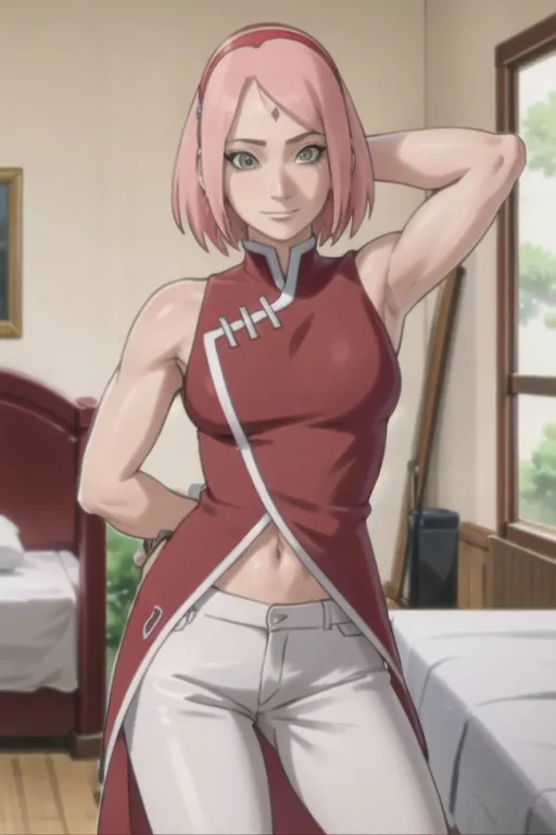 The image is of a young woman standing in a bedroom. She is wearing a red and white outfit, and her pink hair is styled in a ponytail. She has a muscular build, and her arms are crossed in front of her. The woman has a confident expression on her face, and she is looking at the viewer with a challenging gaze.