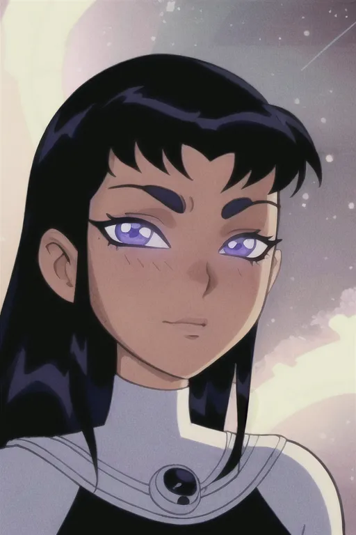 The image is a drawing of a young woman with long black hair and purple eyes. She is wearing a white and black outfit. The background is a light blue color. The woman is looking at the viewer with a serious expression.