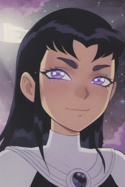 The image is a drawing of a young woman with long black hair and purple eyes. She is wearing a white and purple outfit. The background is a dark purple night sky with stars and clouds. The woman is smiling.