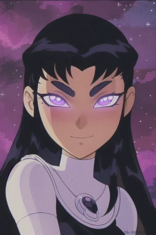 The image is a drawing of a young woman with long black hair and purple eyes. She is wearing a white and purple outfit. The background is a purple starry night sky. The woman has a smug expression on her face.