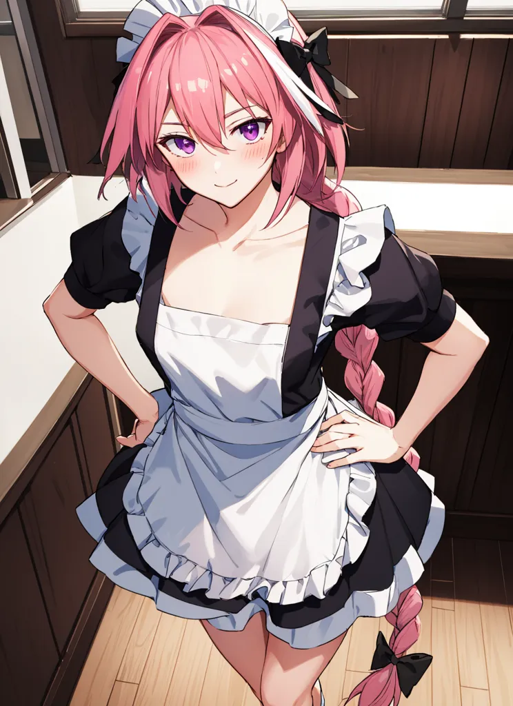 The image shows a young woman with pink hair and purple eyes. She is wearing a black and white maid outfit with a frilly apron and a large bow in her hair. She is standing in a room with wooden walls and a tiled floor. The room is decorated with a few pieces of furniture, including a table, a chair, and a cabinet. The woman is looking at the viewer with a smile on her face.