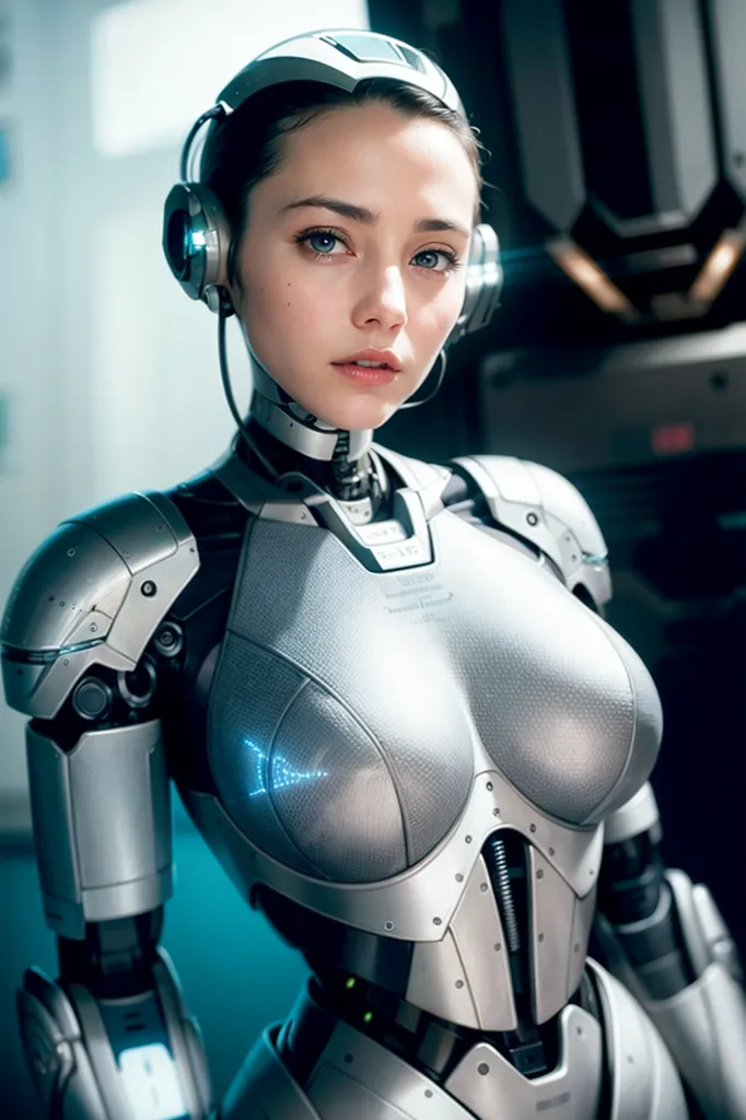 The image depicts a beautiful female robot with long dark hair and blue eyes. She is wearing a silver metallic bodysuit that covers her chest, arms, and legs. The bodysuit has blue highlights. She is also wearing a pair of headphones. The robot is standing in a futuristic setting and looking at the viewer with her head tilted a bit downwards at an angle.