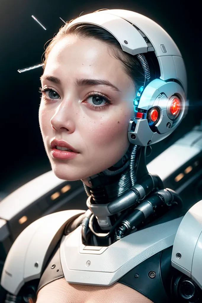 The image is a portrait of a beautiful young woman with brown hair and blue eyes. She is wearing a white and gray cybernetic helmet with a red light on the side. The helmet covers her ears and the top of her head. She is also wearing a white and gray cybernetic suit of armor. The suit of armor covers her neck, shoulders, chest, and arms. She has a small red light on her left cheek. She is looking at the viewer with her head tilted a bit downwards at an angle.