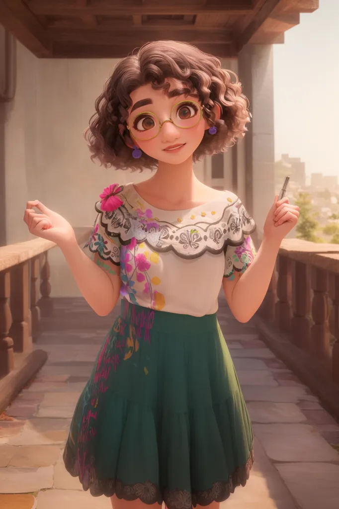 The image shows a young woman with brown, curly hair and glasses. She is wearing a white blouse with colorful embroidery and a green skirt with a floral pattern. She is standing on a balcony, holding a pen and smiling.