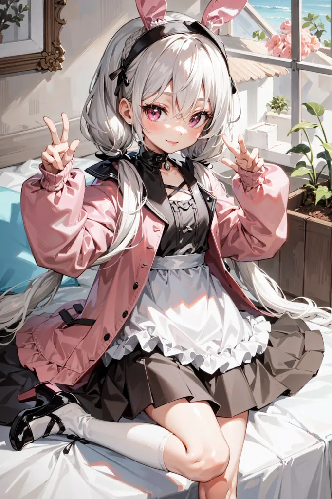 The image depicts an anime-style girl with long white hair and pink eyes. She is wearing a pink bunny hoodie, a black and white maid dress, and white socks. She is sitting on a bed and has a cheerful expression on her face. There is a window in the background.