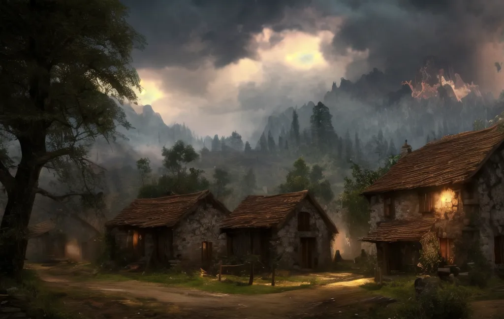 The image is a digital painting of a fantasy village. The village is located in a valley between two mountains. The mountains are covered in snow, and the trees are bare. The village is made up of small stone cottages with thatched roofs. There is a path that runs through the village, and there are a few people walking around. The sky is cloudy, and there is a mist in the air. The image is in a realistic style, and the artist has used a lot of detail to create a sense of atmosphere.