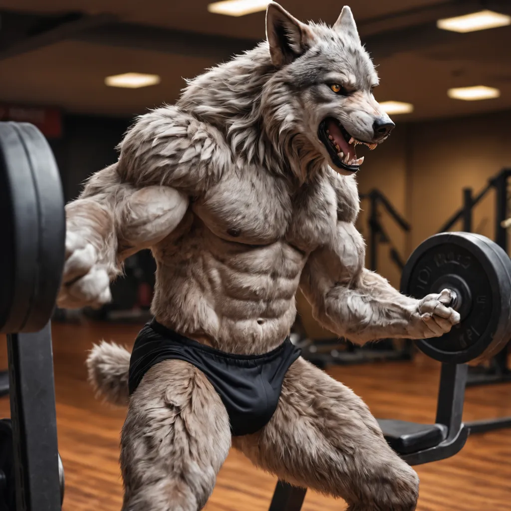 The image depicts a muscular anthropomorphic wolf in a gym. The wolf is wearing a pair of black shorts and has its fur exposed. The wolf is lifting weights with its arms outstretched. The background of the image is a blurred gym with exercise equipment.