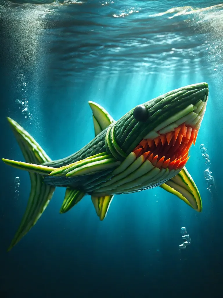 The image shows a shark made of cucumber. The shark is swimming in a deep blue sea. The shark has its mouth open and is showing its sharp teeth. The shark's body is made of cucumber slices, and its fins are made of cucumber peels. The shark's eyes are made of black olives, and its nose is made of a carrot.