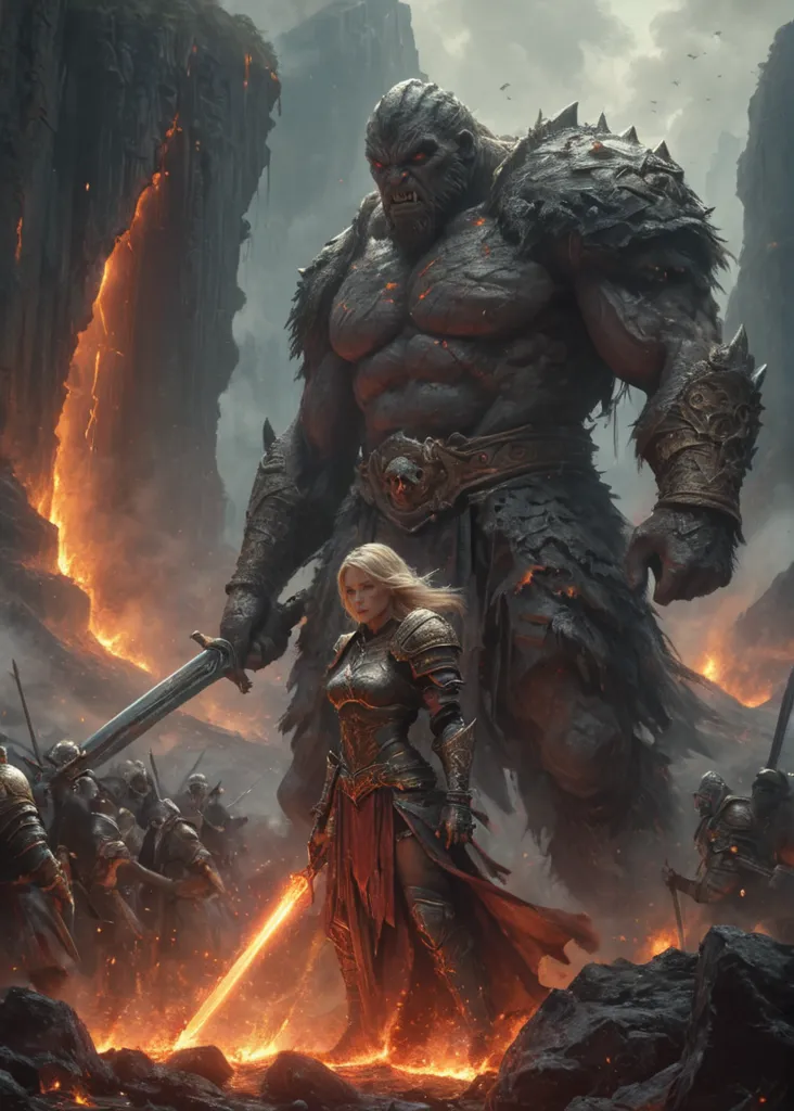 In the midst of a volcanic landscape, a battle is about to take place. A giant, muscular orc stands in the foreground, his massive frame covered in thick armor. His opponent, a blonde human woman, stands before him, her sword drawn and her face filled with determination. Behind the woman, a group of human soldiers stand ready to fight, their weapons drawn and their shields raised. The air is thick with tension as the two sides prepare to clash.