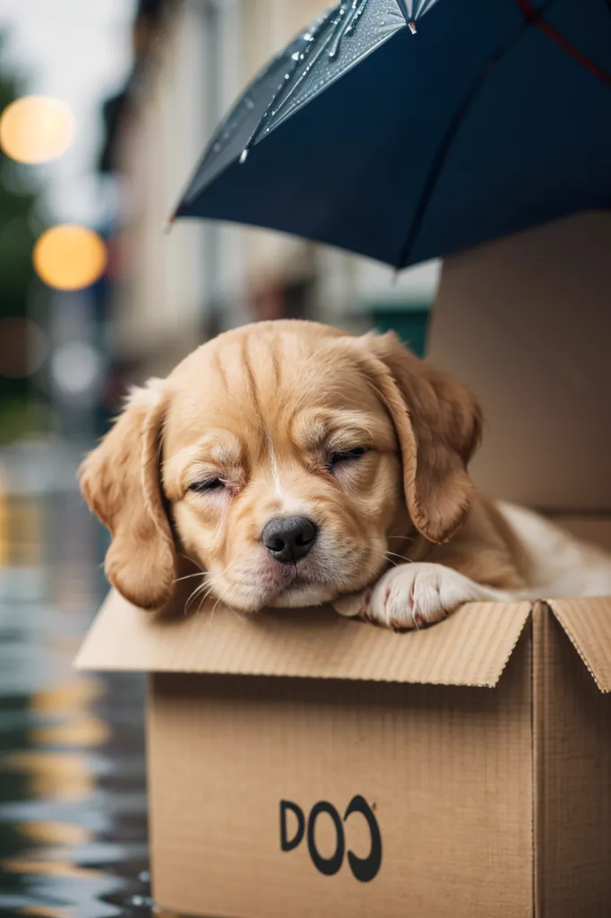 The image shows a small, brown puppy sleeping in a cardboard box. The puppy's eyes are closed, and it has a paw resting on the edge of the box. A blue umbrella is tilted over the box, protecting the puppy from the rain. The box has the word "DOG" written on it. The background is blurred, and there are some lights in the distance. The image is warm and inviting, and it captures the innocence and vulnerability of a young puppy.