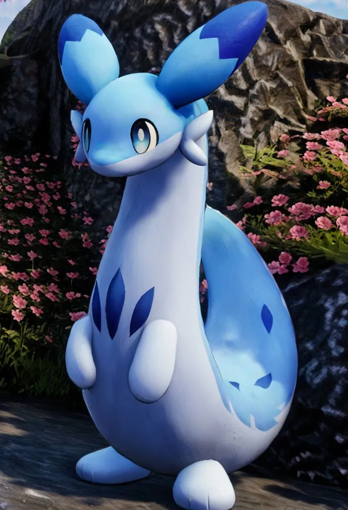 The image shows a 3D model of a Pokémon creature. It is a quadrupedal, serpentine creature with blue and white fur. It has a long neck and a small head with large, blue eyes. Its tail is long and thin, and it has four short legs with paws. The creature is standing in a rocky area with green grass and pink flowers. There is a large rock wall behind it.