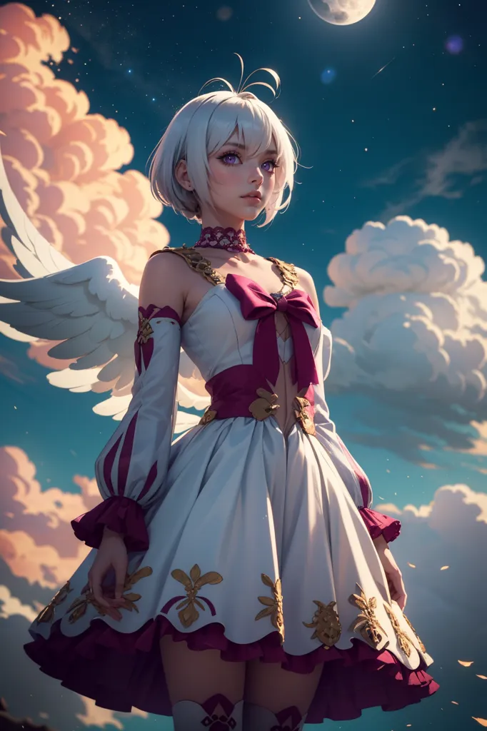 This is an image of a beautiful anime girl with white hair and silver eyes. She is wearing a white dress with a pink sash and has a pair of white wings. She is standing in front of a blue sky with white clouds.