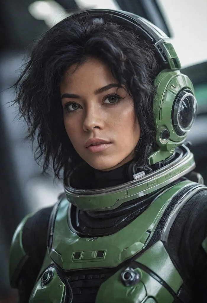 This is a picture of a young woman in a spacesuit. She has short black hair and green eyes. She is looking at the camera with a serious expression. She is wearing a green spacesuit with a clear bubble helmet. The spacesuit has a lot of buttons and gadgets on it. She is also wearing a pair of headphones.