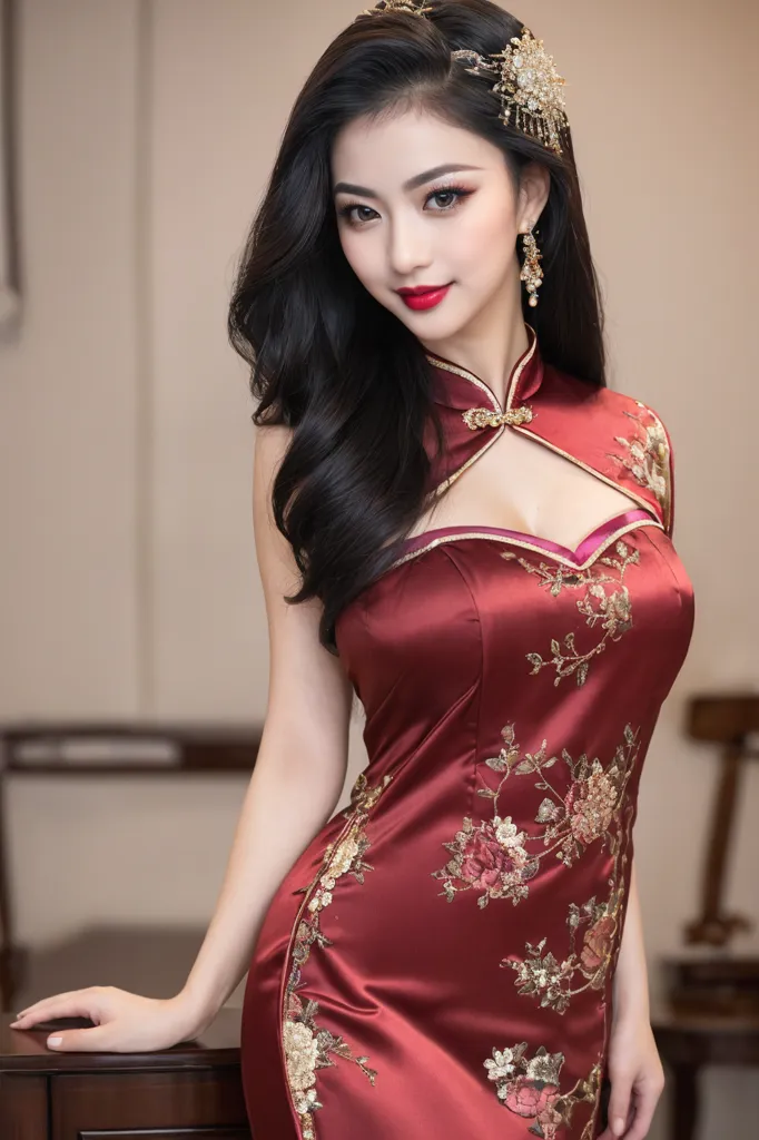 A young woman is wearing a red cheongsam. The cheongsam is a traditional Chinese dress that is typically worn for special occasions. It is made of a silky fabric and has a high collar. The dress is fitted to the body and has a slit on the side. The woman's hair is long and black and she is wearing a traditional Chinese hairstyle. She is also wearing makeup and has a red lipstick on.