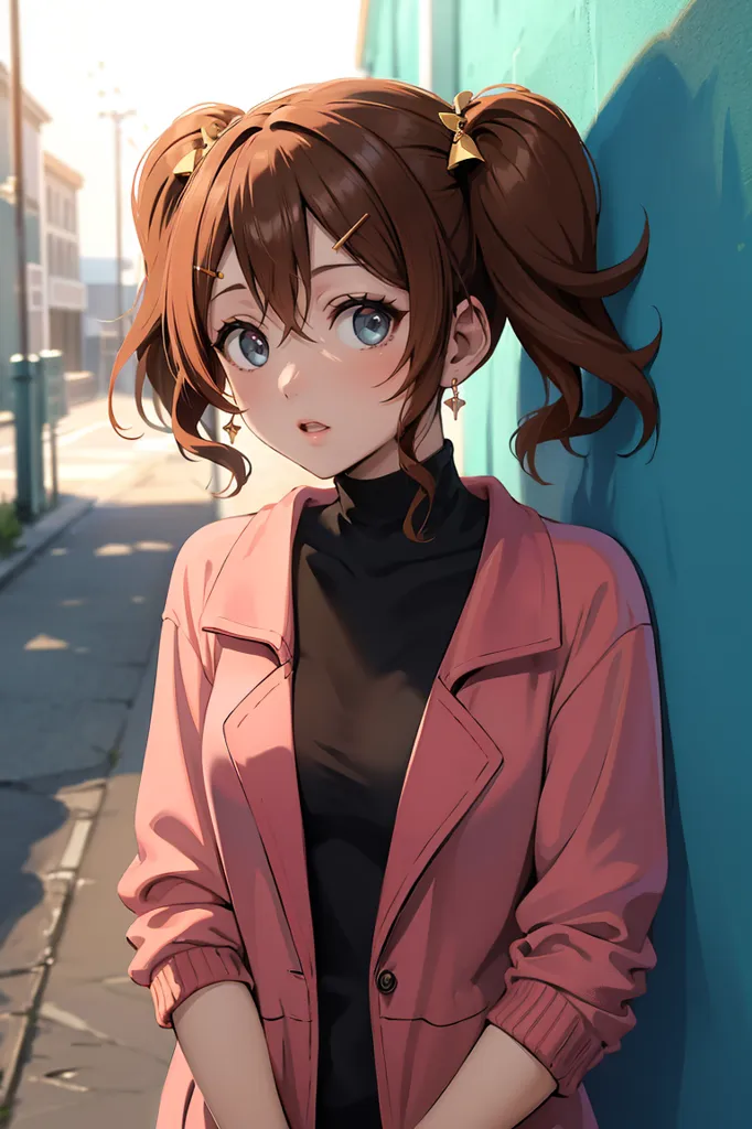 This is an image of a young girl with brown hair and blue eyes. She is wearing a pink jacket and a black turtleneck blouse. The girl is standing in front of a blue wall, and the background is blurred. The girl has a gentle smile on her face, and she is looking at the viewer.