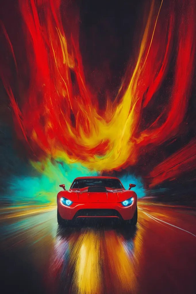 A red sports car is speeding down a dark road. The car is surrounded by a colorful blur of motion. The background is a bright, abstract landscape. The car is in the center of the image and is surrounded by a fiery, red-orange blur. The car is moving very fast and is surrounded by a sense of urgency.