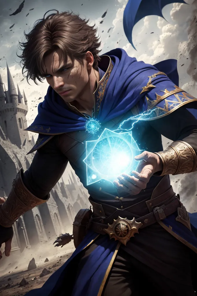 This is an image of a fantasy male wizard. He appears to be in the middle of casting a spell, as he is holding a glowing blue crystal in his hand. He is wearing a blue robe with gold trim, and he has a sword sheathed at his side. He has brown hair and blue eyes, and he looks to be in his early twenties. He is standing in a ruined castle, and there are dark clouds in the background.