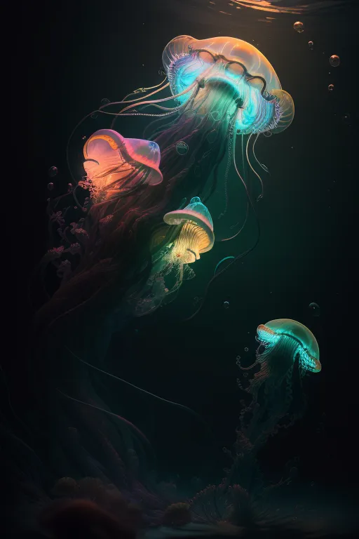 The image is a group of four jellyfish. The jellyfish are of different colors, the largest one is pink and blue, the next largest is yellow and orange, the third largest is blue and purple, and the smallest one is yellow and blue. The jellyfish are all swimming in the same direction. The background is black with a spotlight shining down on the jellyfish. The jellyfish are all glowing.