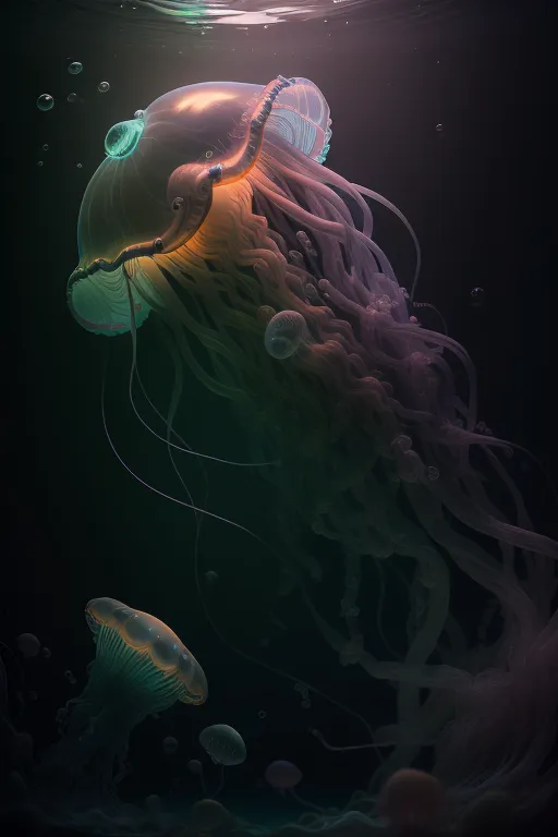 The image is a dark, underwater scene. A large jellyfish is floating in the foreground. It has a clear, bell-shaped body with long, trailing tentacles. The jellyfish is illuminated by a faint light from above, which creates a beautiful, glowing effect. In the background, there are several smaller jellyfish of different colors. The image is very peaceful and calming.