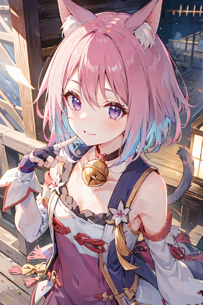 The image is of a young woman with pink hair and cat ears. She is wearing a white and pink kimono with a purple obi. She is sitting on a porch or balcony, and there is a lantern behind her. She has a bell around her neck and is smiling at the viewer.