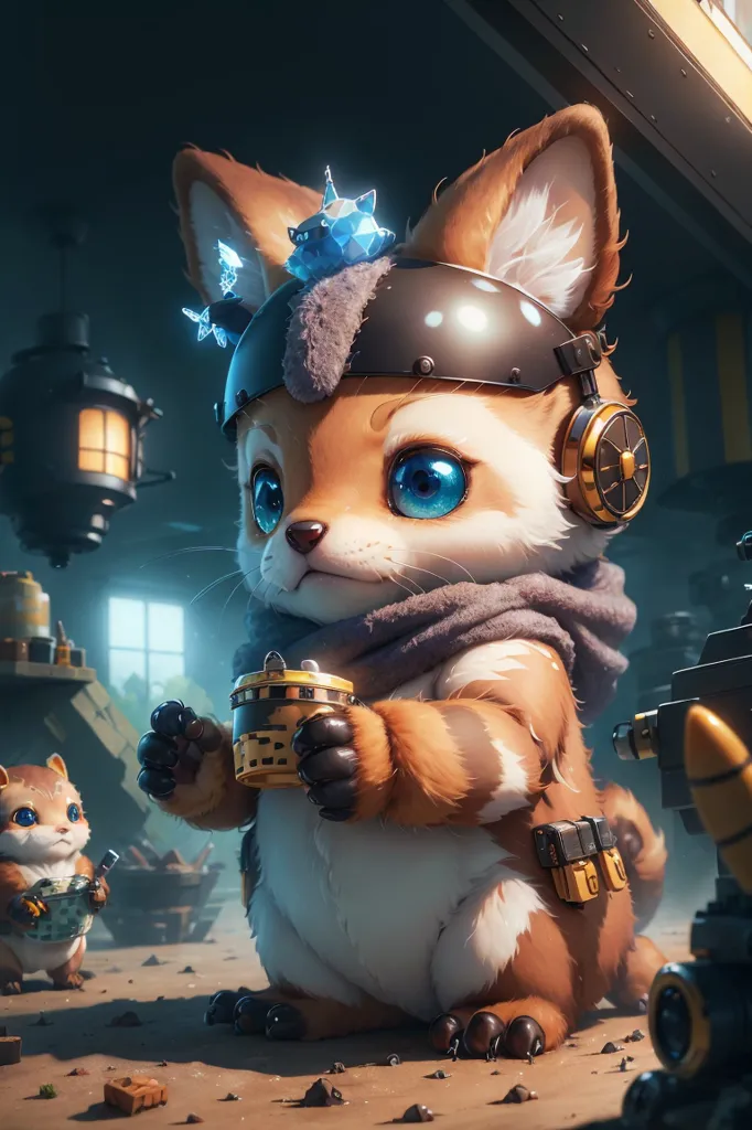 The image shows a small, furry creature that looks like a cross between a fox and a squirrel. It is wearing a helmet and a scarf, and it has big, blue eyes. The creature is standing in a workshop, and there are various tools and machines around it. The creature is holding a mug of some kind of liquid. There is a smaller creature of the same species standing to the left of the larger one. It is wearing a similar outfit and is holding a wrench. In the background, there is a larger machine with a wheel.