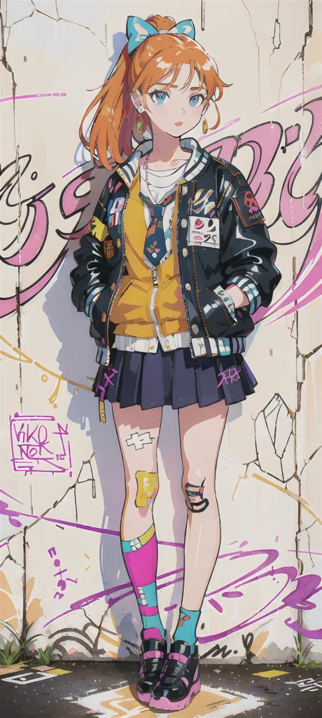 The image contains a young girl with an orange ponytail and blue eyes. She is wearing a yellow shirt, a black jacket, a gray skirt, and pink socks. She also has a bandage on her right leg. She is standing in front of a wall with graffiti on it. There is a pink butterfly on her left.