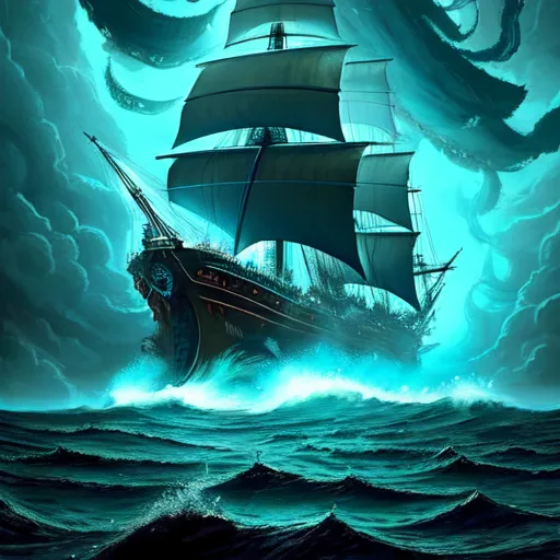 A imagem é uma pintura digital de um navio navegando em um mar agitado. O navio é preto com velas esfarrapadas e uma bandeira de caveira e ossos cruzados. O mar está escuro e tempestuoso, com grandes ondas se chocando contra o navio. No fundo, há uma grande criatura escura com tentáculos emergindo da água. A criatura tem seus tentáculos enrolados no mastro do navio. O navio está sendo puxado para as profundezas do oceano pela criatura.